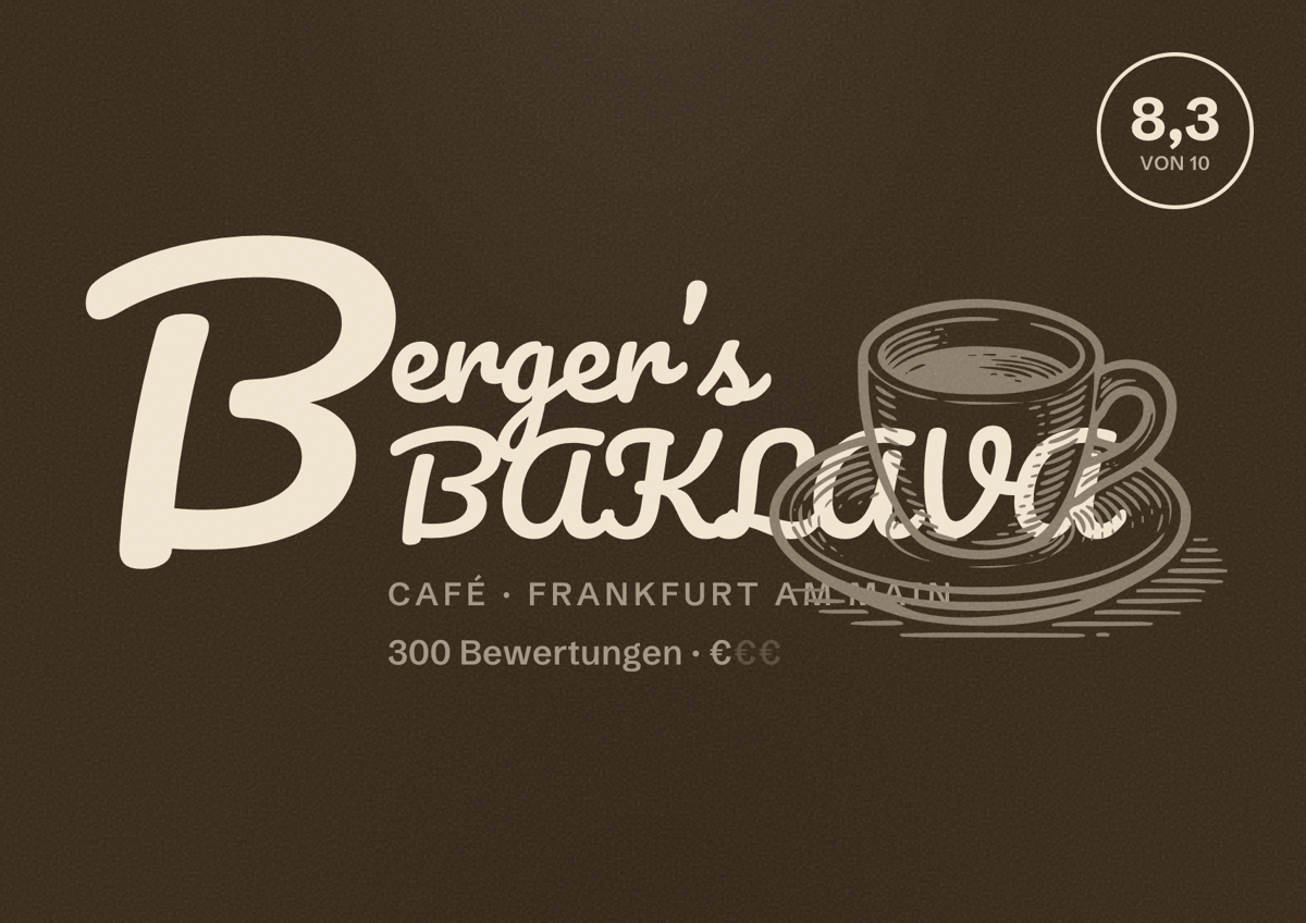 Illustriertes Poster von Berger’s BAKLAVA, Café in Frankfurt am Main: Bewertung 8,3 von 10 aus 300 Bewertungen, Preisniveau €