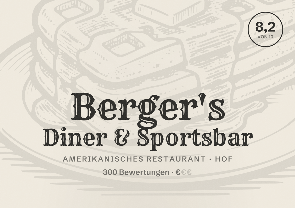 Illustriertes Poster von Berger's Diner & Sportsbar, Amerikanisches Restaurant in Hof: Bewertung 8,2 von 10 aus 300 Bewertungen, Preisniveau €