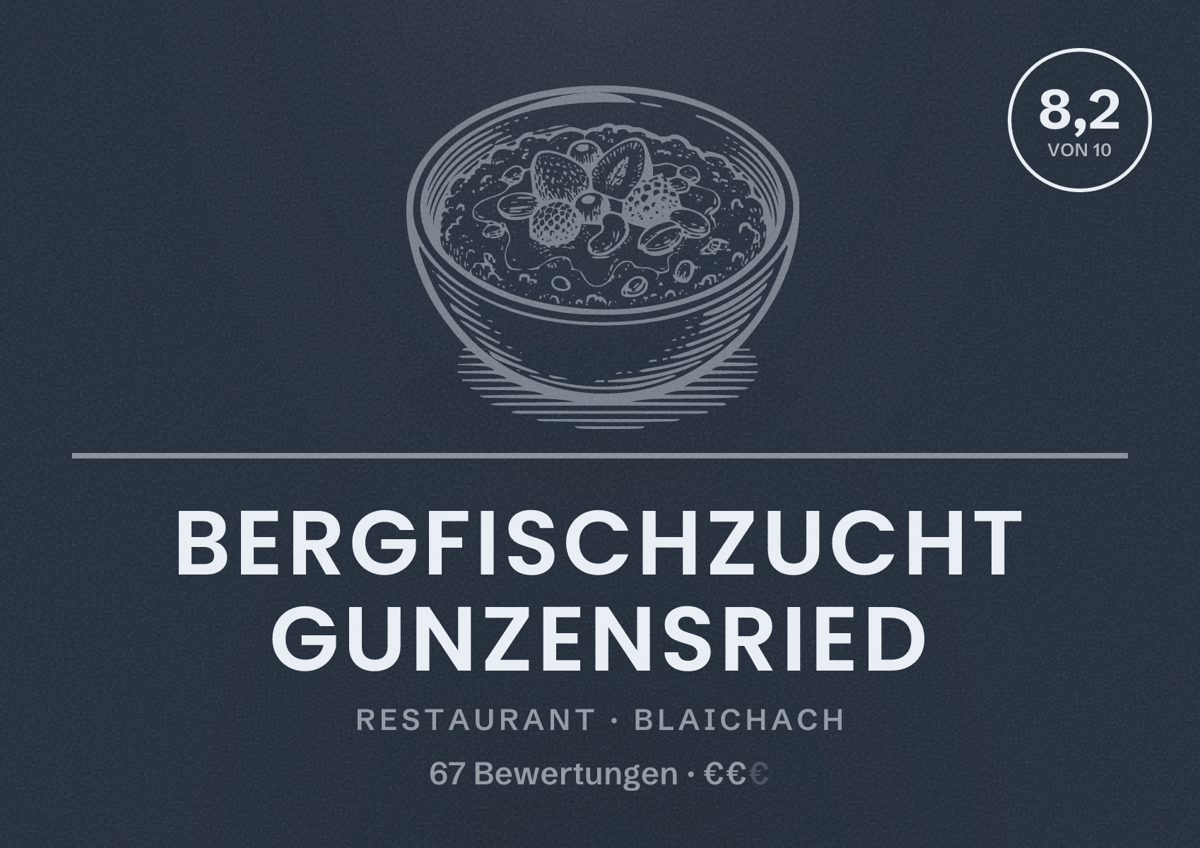 Illustriertes Poster von Bergfischzucht Gunzensried, Restaurant in Blaichach: Bewertung 8,2 von 10 aus 67 Bewertungen, Preisniveau €€