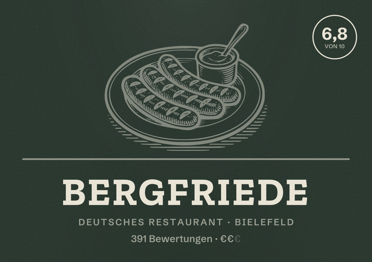 Illustriertes Poster von Bergfriede, Deutsches Restaurant in Bielefeld: Bewertung 6,8 von 10 aus 391 Bewertungen, Preisniveau €€