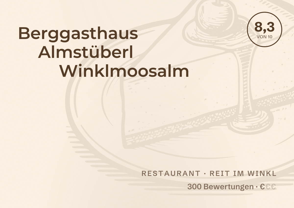 Illustriertes Poster von Berggasthaus Almstüberl Winklmoosalm, Restaurant in Reit im Winkl: Bewertung 8,3 von 10 aus 300 Bewertungen, Preisniveau €