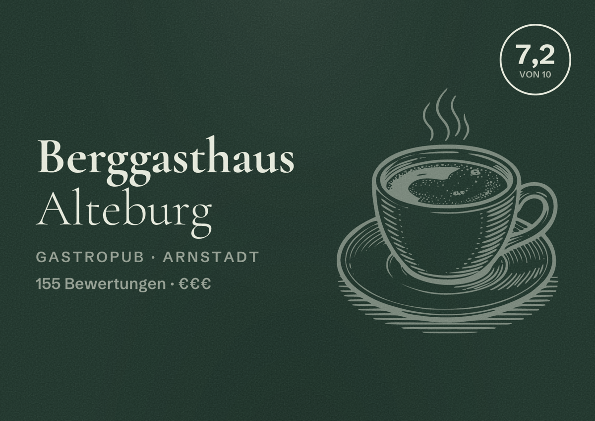 Illustriertes Poster von Berggasthaus Alteburg, Gastropub in Arnstadt: Bewertung 7,2 von 10 aus 155 Bewertungen, Preisniveau €€€
