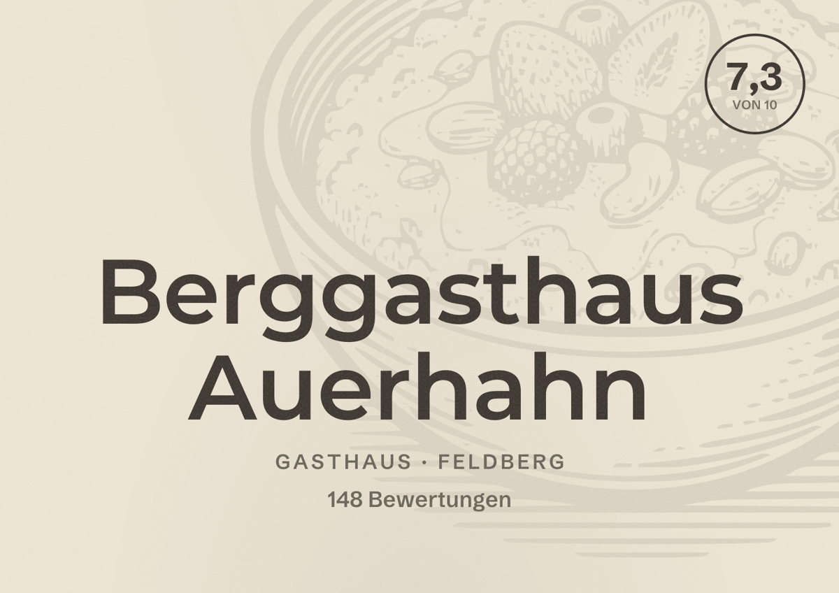 Illustriertes Poster von Berggasthaus Auerhahn, Gasthaus in Feldberg: Bewertung 7,3 von 10 aus 148 Bewertungen