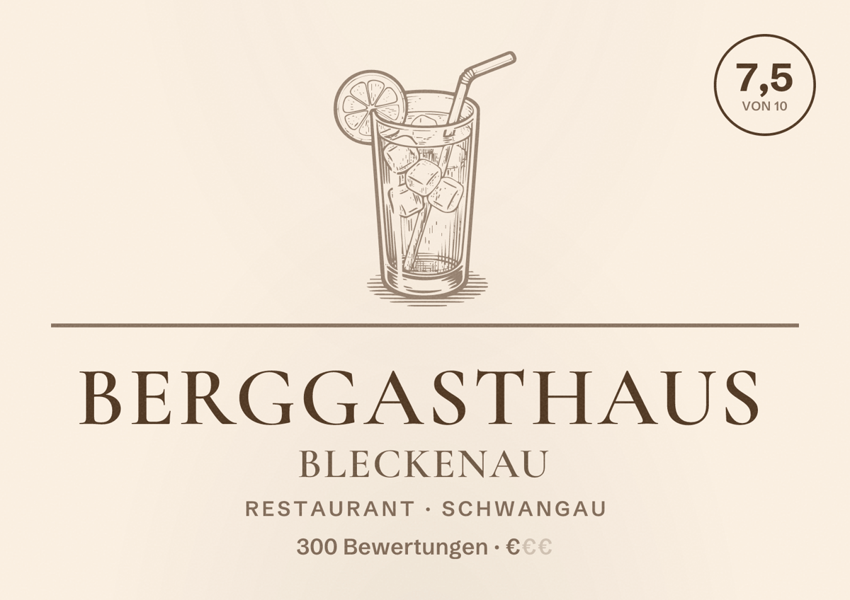 Illustriertes Poster von Berggasthaus Bleckenau, Restaurant in Schwangau: Bewertung 7,5 von 10 aus 300 Bewertungen, Preisniveau €