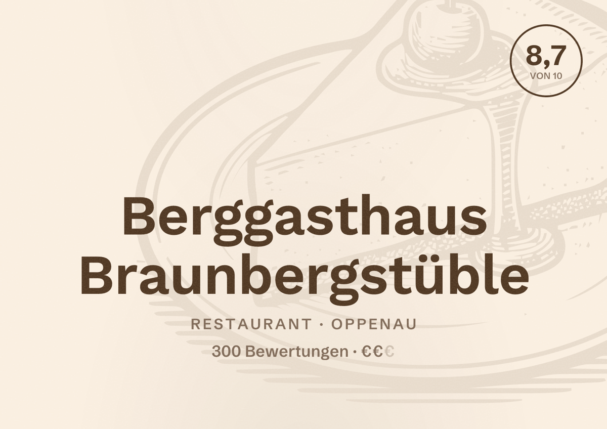 Illustriertes Poster von Berggasthaus Braunbergstüble, Restaurant in Oppenau: Bewertung 8,7 von 10 aus 300 Bewertungen, Preisniveau €€