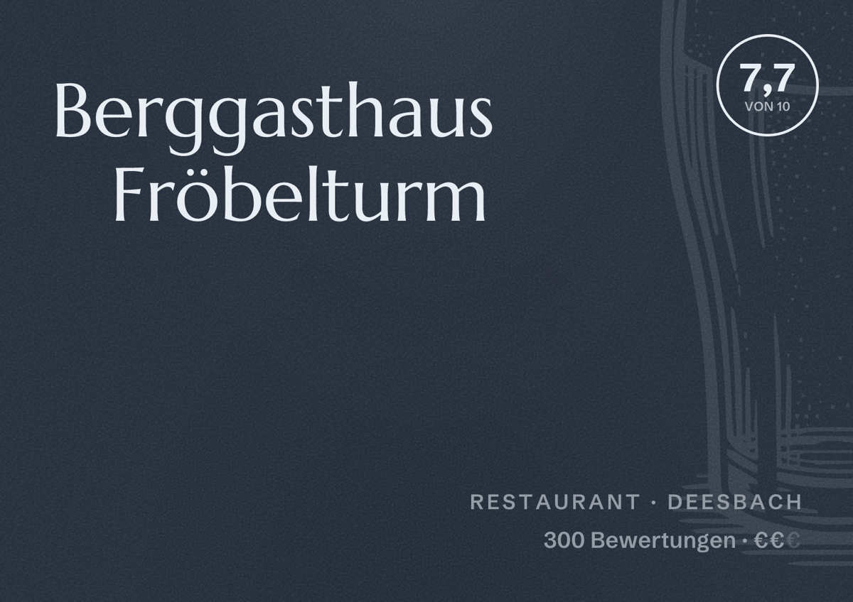 Illustriertes Poster von Berggasthaus Fröbelturm, Restaurant in Deesbach: Bewertung 7,7 von 10 aus 300 Bewertungen, Preisniveau €€