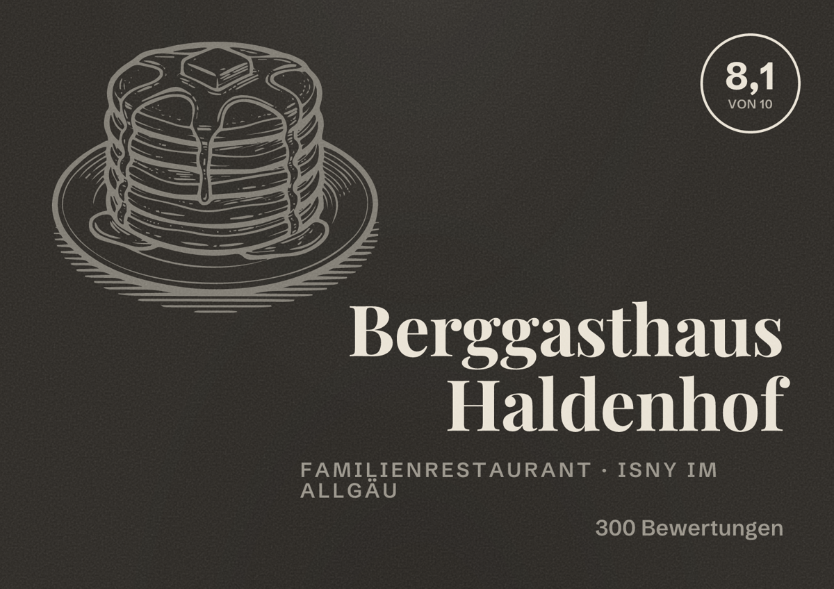 Illustriertes Poster von Berggasthaus Haldenhof, Familienrestaurant in Isny im Allgäu: Bewertung 8,1 von 10 aus 300 Bewertungen