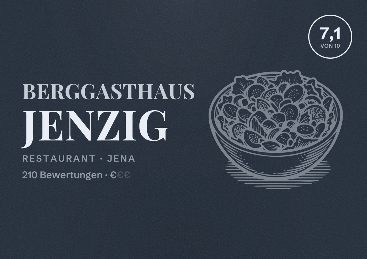 Illustriertes Poster von Berggasthaus Jenzig, Restaurant in Jena: Bewertung 7,1 von 10 aus 210 Bewertungen, Preisniveau €