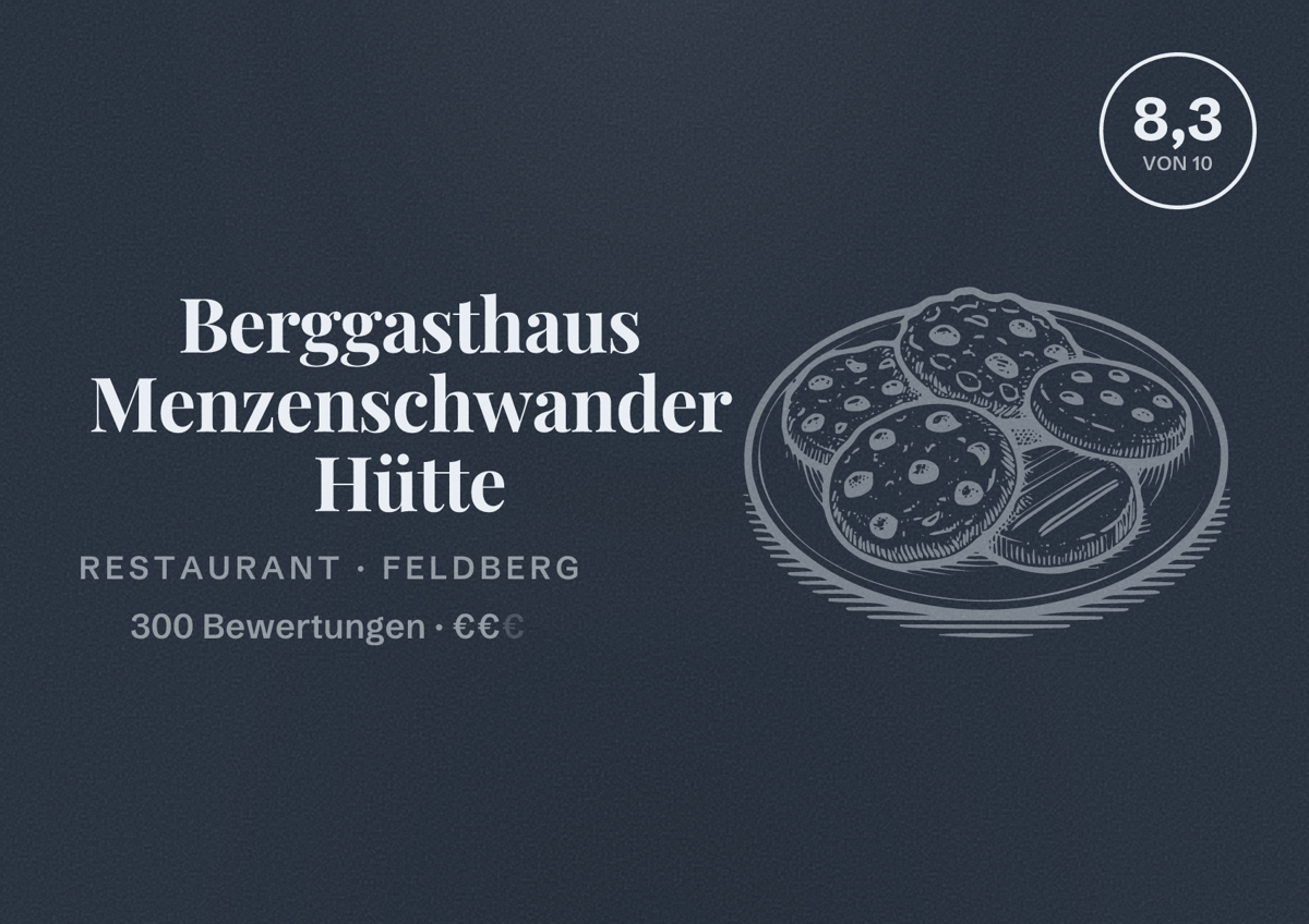 Illustriertes Poster von Berggasthaus Menzenschwander Hütte, Restaurant in Feldberg: Bewertung 8,3 von 10 aus 300 Bewertungen, Preisniveau €€