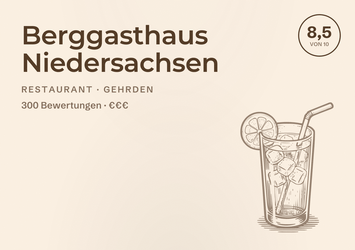 Illustriertes Poster von Berggasthaus Niedersachsen, Restaurant in Gehrden: Bewertung 8,5 von 10 aus 300 Bewertungen, Preisniveau €€€