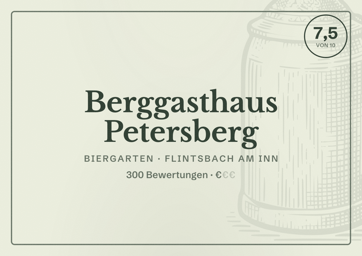 Illustriertes Poster von Berggasthaus Petersberg, Biergarten in Flintsbach am Inn: Bewertung 7,5 von 10 aus 300 Bewertungen, Preisniveau €