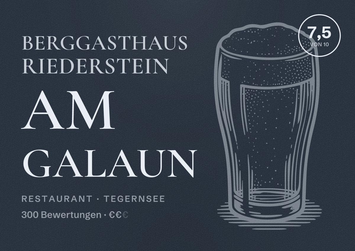 Illustriertes Poster von Berggasthaus Riederstein am Galaun, Restaurant in Tegernsee: Bewertung 7,5 von 10 aus 300 Bewertungen, Preisniveau €€