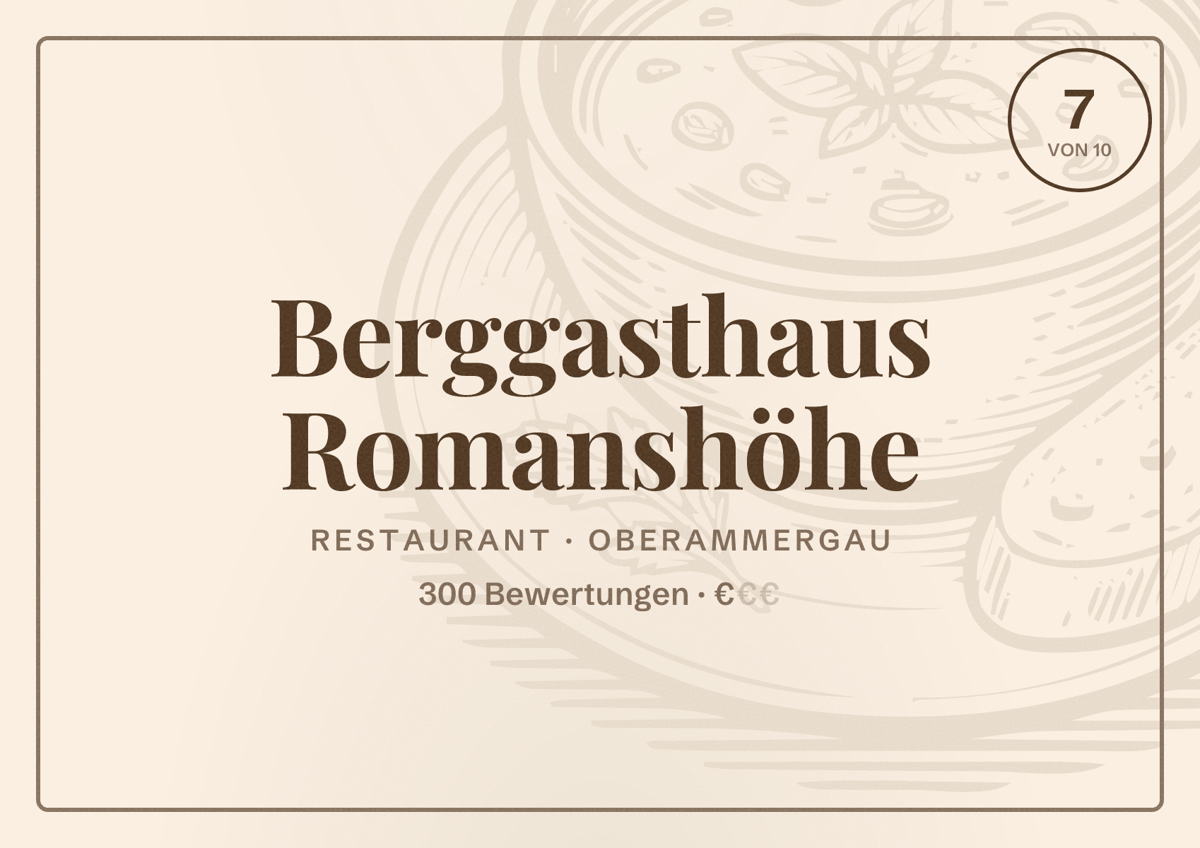 Illustriertes Poster von Berggasthaus Romanshöhe, Restaurant in Oberammergau: Bewertung 7 von 10 aus 300 Bewertungen, Preisniveau €