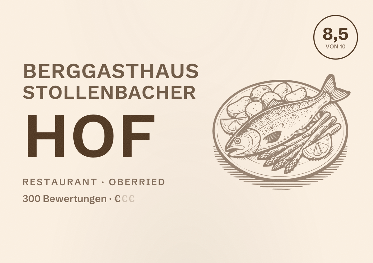 Illustriertes Poster von Berggasthaus Stollenbacher Hof, Restaurant in Oberried: Bewertung 8,5 von 10 aus 300 Bewertungen, Preisniveau €