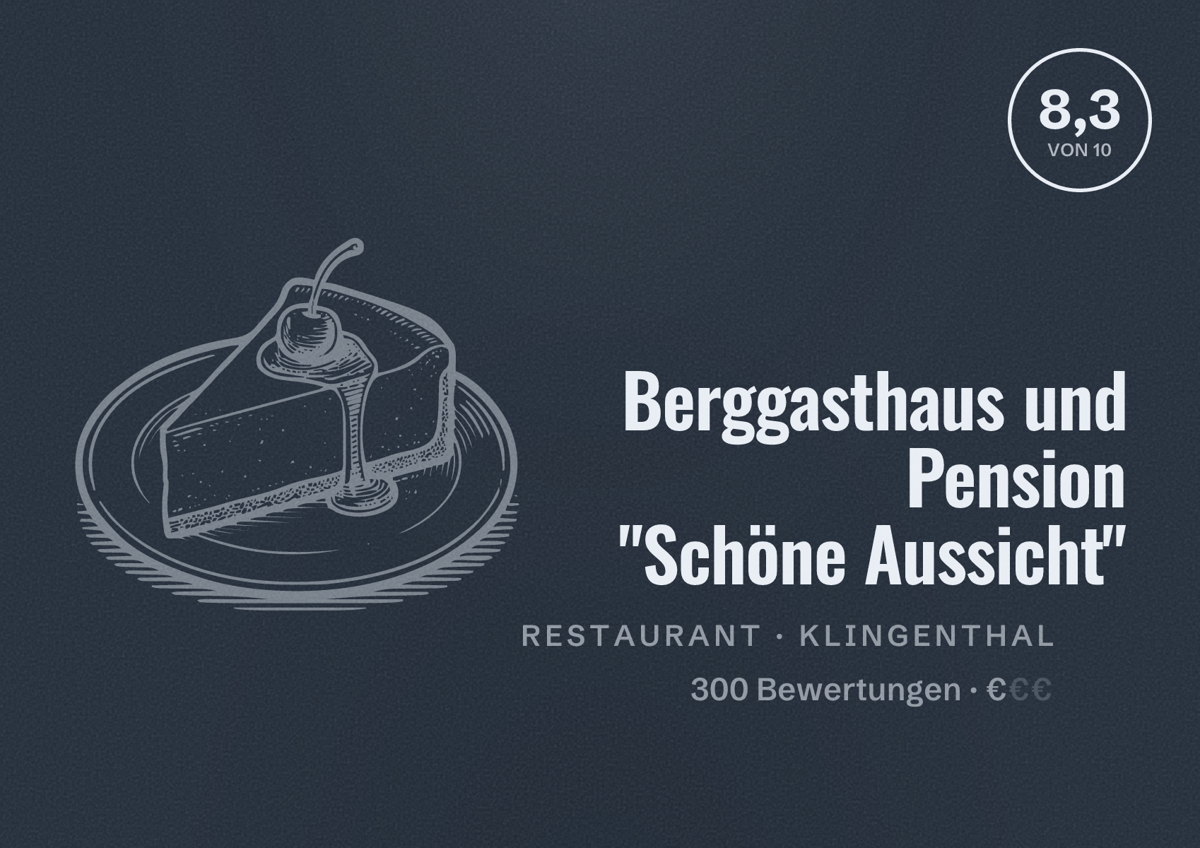 Illustriertes Poster von Berggasthaus und Pension "Schöne Aussicht", Restaurant in Klingenthal: Bewertung 8,3 von 10 aus 300 Bewertungen, Preisniveau €