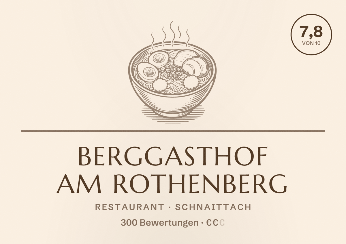 Illustriertes Poster von Berggasthof am Rothenberg, Restaurant in Schnaittach: Bewertung 7,8 von 10 aus 300 Bewertungen, Preisniveau €€