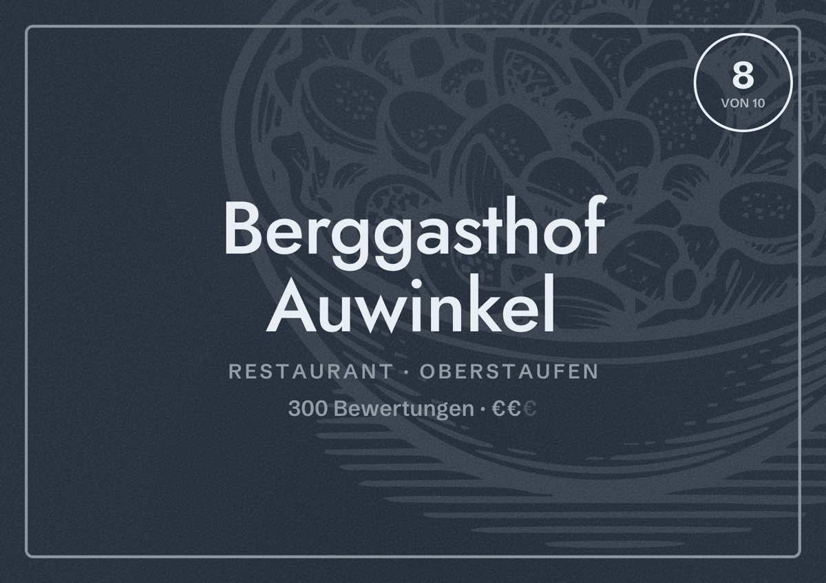 Illustriertes Poster von Berggasthof Auwinkel, Restaurant in Oberstaufen: Bewertung 8 von 10 aus 300 Bewertungen, Preisniveau €€