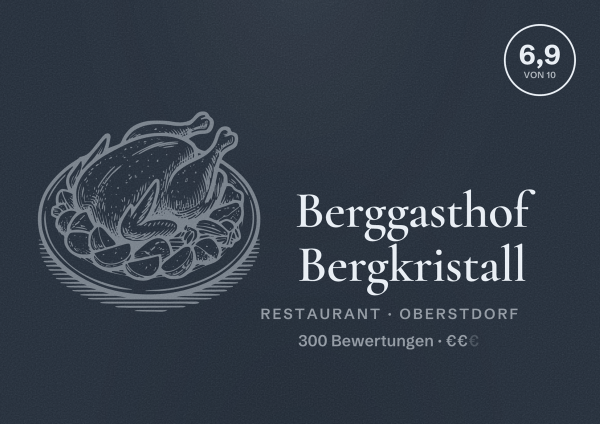 Illustriertes Poster von Berggasthof Bergkristall, Restaurant in Oberstdorf: Bewertung 6,9 von 10 aus 300 Bewertungen, Preisniveau €€