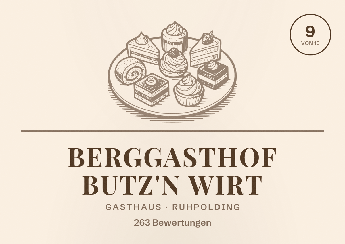Illustriertes Poster von Berggasthof Butz'n Wirt, Gasthaus in Ruhpolding: Bewertung 9 von 10 aus 263 Bewertungen