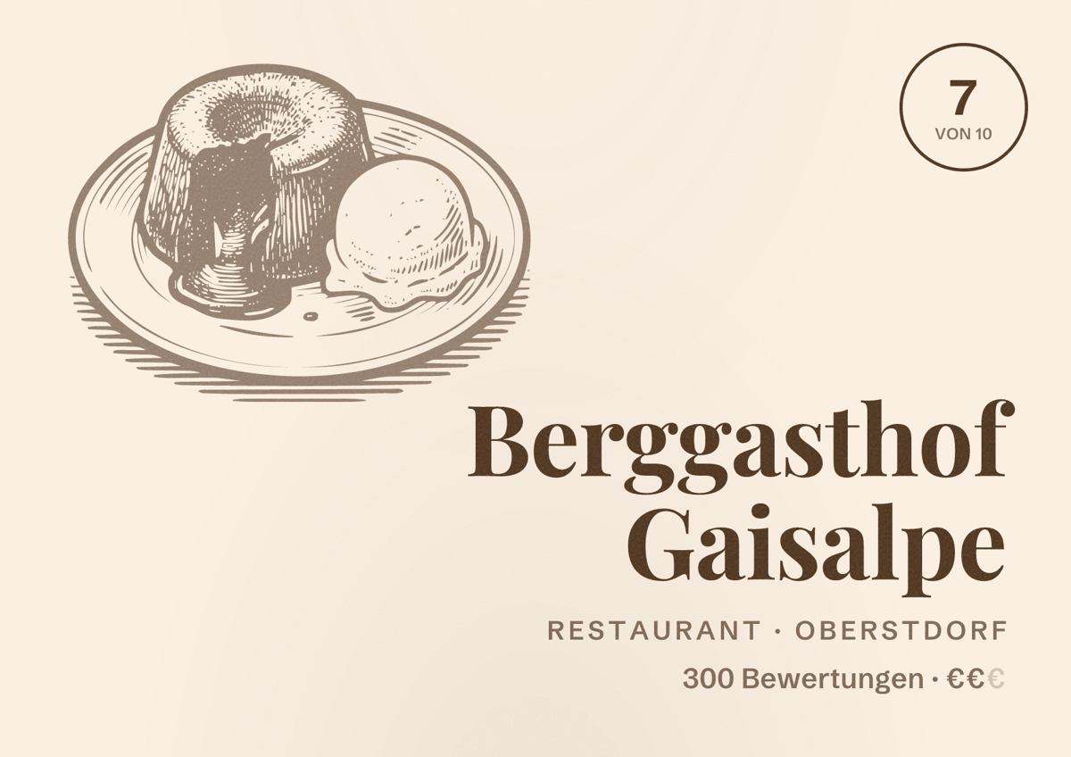 Illustriertes Poster von Berggasthof Gaisalpe, Restaurant in Oberstdorf: Bewertung 7 von 10 aus 300 Bewertungen, Preisniveau €€