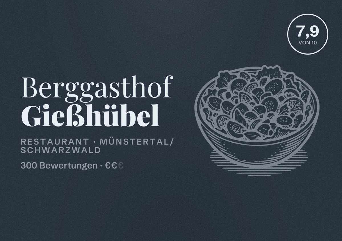 Illustriertes Poster von Berggasthof Gießhübel, Restaurant in Münstertal/Schwarzwald: Bewertung 7,9 von 10 aus 300 Bewertungen, Preisniveau €€
