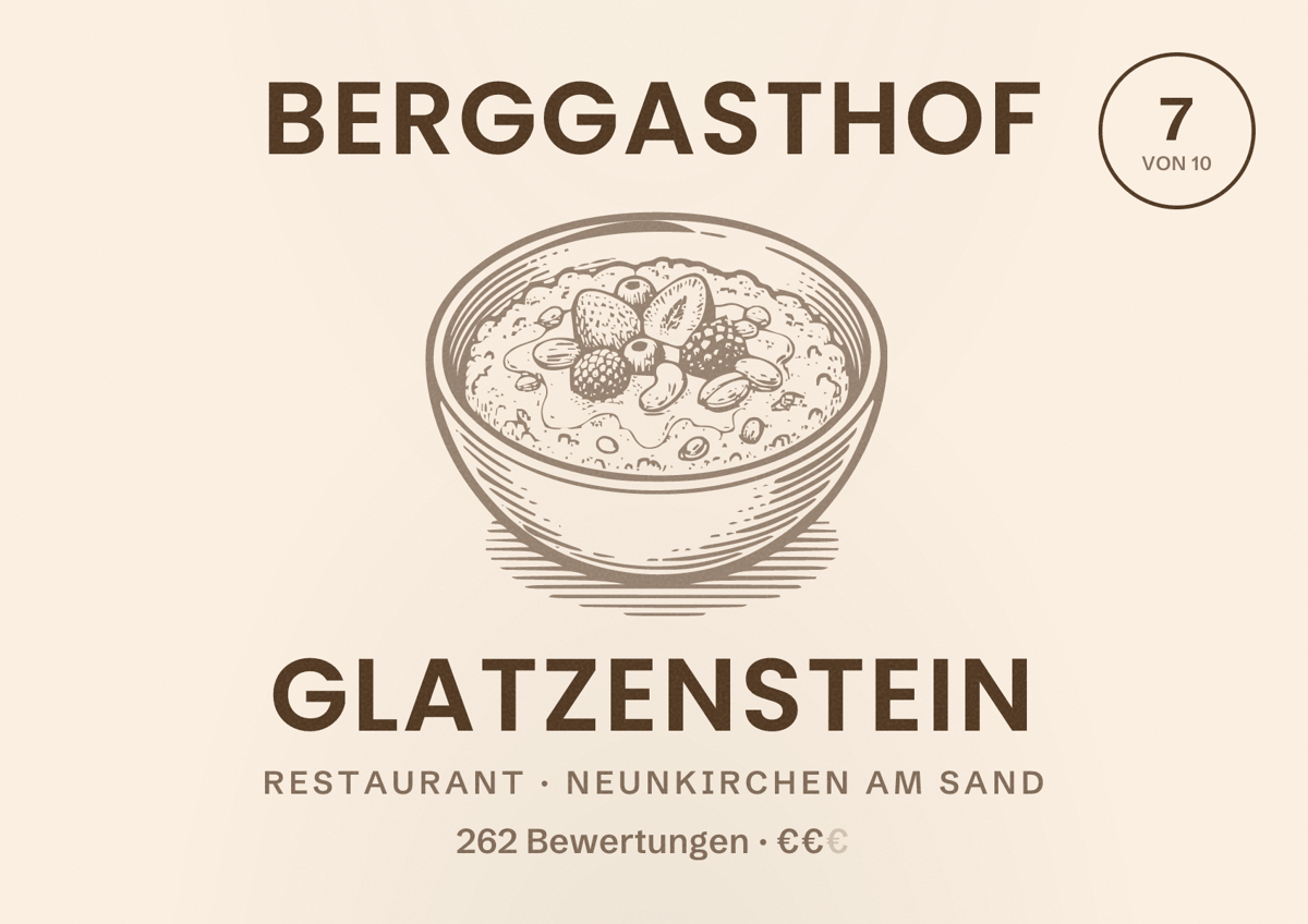 Illustriertes Poster von Berggasthof Glatzenstein, Restaurant in Neunkirchen am Sand: Bewertung 7 von 10 aus 262 Bewertungen, Preisniveau €€