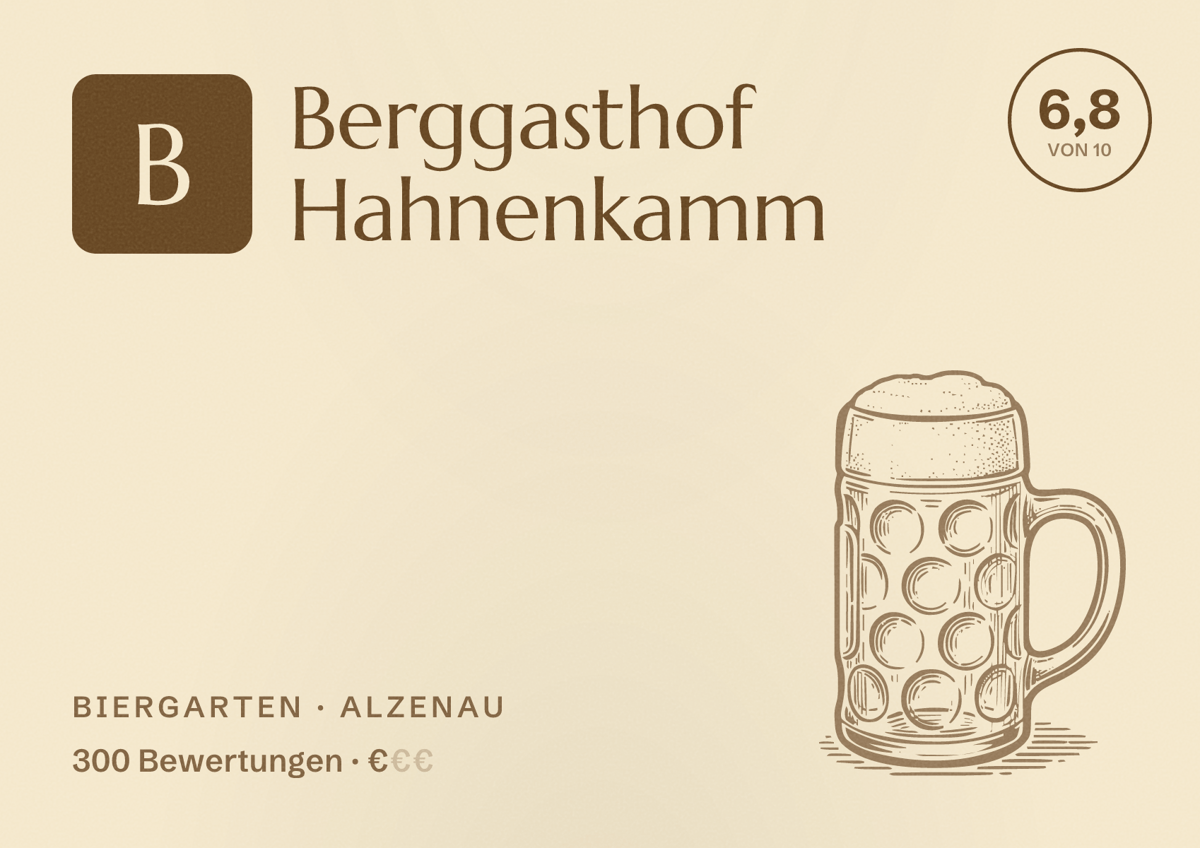 Illustriertes Poster von Berggasthof Hahnenkamm, Biergarten in Alzenau: Bewertung 6,8 von 10 aus 300 Bewertungen, Preisniveau €