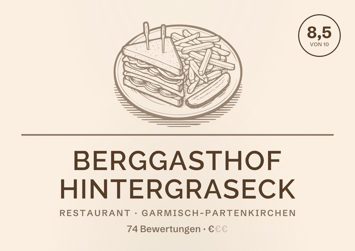Illustriertes Poster von Berggasthof Hintergraseck, Restaurant in Garmisch-Partenkirchen: Bewertung 8,5 von 10 aus 74 Bewertungen, Preisniveau €