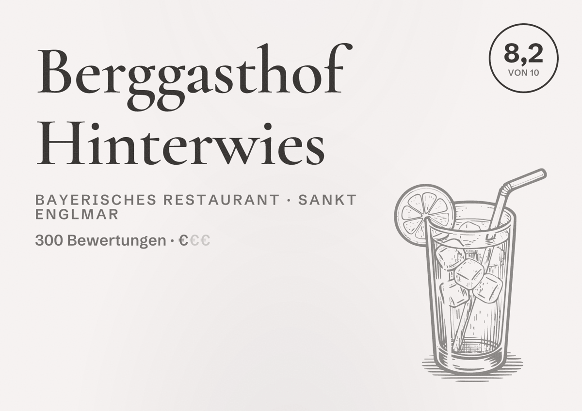 Illustriertes Poster von Berggasthof Hinterwies, Bayerisches Restaurant in Sankt Englmar: Bewertung 8,2 von 10 aus 300 Bewertungen, Preisniveau €