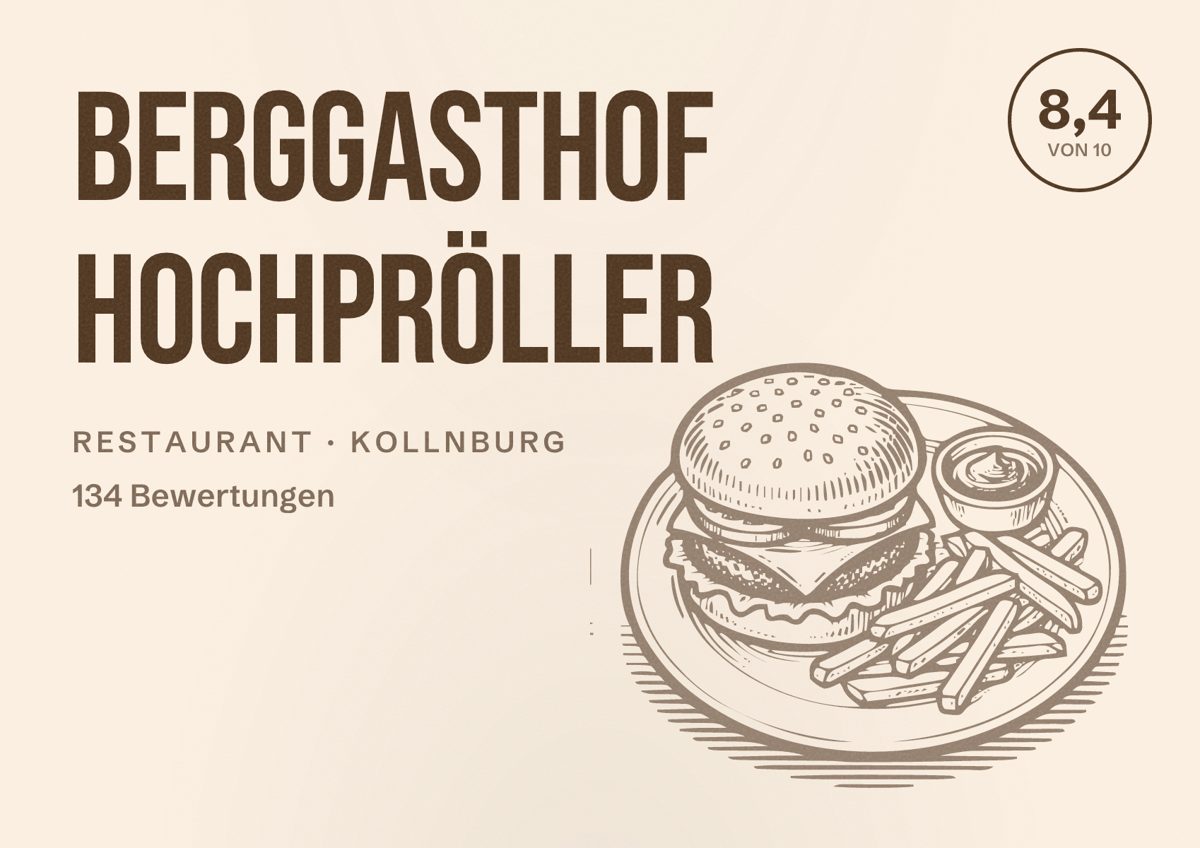 Illustriertes Poster von Berggasthof Hochpröller, Restaurant in Kollnburg: Bewertung 8,4 von 10 aus 134 Bewertungen