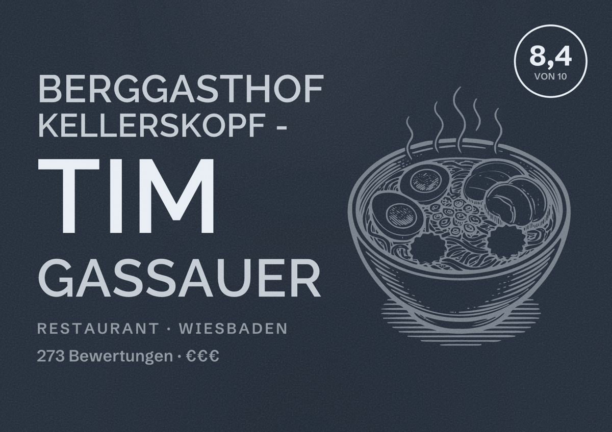 Illustriertes Poster von Berggasthof Kellerskopf - Tim Gassauer, Restaurant in Wiesbaden: Bewertung 8,4 von 10 aus 273 Bewertungen, Preisniveau €€€