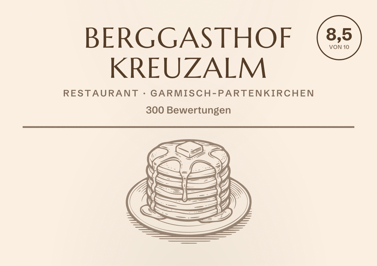 Illustriertes Poster von Berggasthof Kreuzalm, Restaurant in Garmisch-Partenkirchen: Bewertung 8,5 von 10 aus 300 Bewertungen