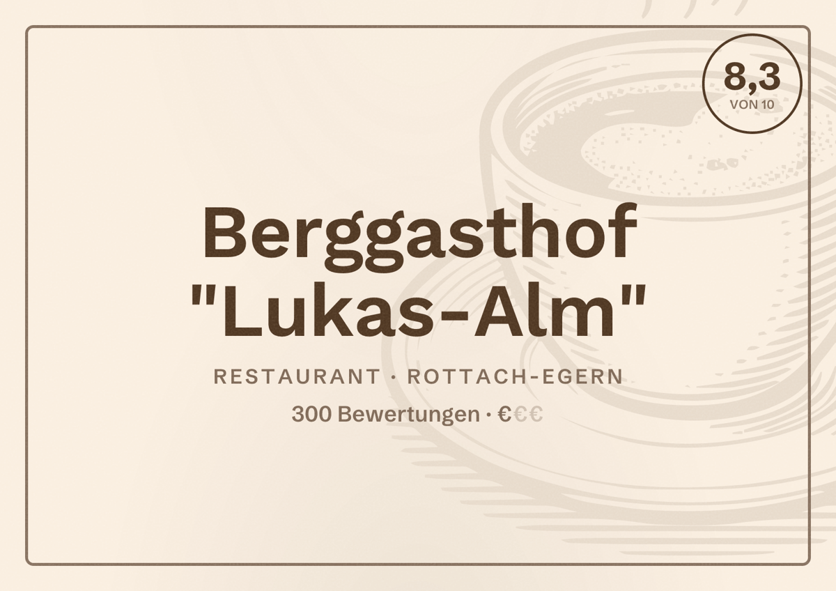 Illustriertes Poster von Berggasthof "Lukas-Alm", Restaurant in Rottach-Egern: Bewertung 8,3 von 10 aus 300 Bewertungen, Preisniveau €