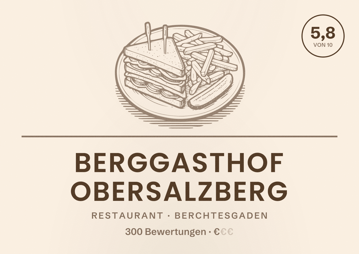 Illustriertes Poster von Berggasthof Obersalzberg, Restaurant in Berchtesgaden: Bewertung 5,8 von 10 aus 300 Bewertungen, Preisniveau €