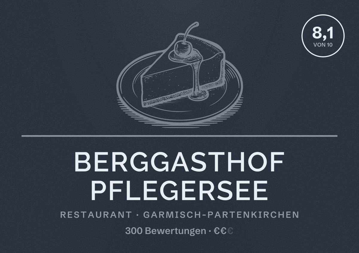 Illustriertes Poster von Berggasthof Pflegersee, Restaurant in Garmisch-Partenkirchen: Bewertung 8,1 von 10 aus 300 Bewertungen, Preisniveau €€