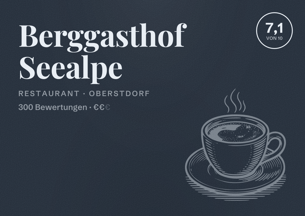 Illustriertes Poster von Berggasthof Seealpe, Restaurant in Oberstdorf: Bewertung 7,1 von 10 aus 300 Bewertungen, Preisniveau €€