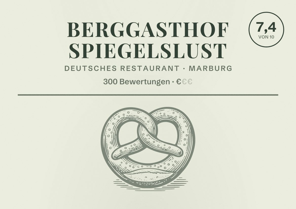 Illustriertes Poster von Berggasthof Spiegelslust, Deutsches Restaurant in Marburg: Bewertung 7,4 von 10 aus 300 Bewertungen, Preisniveau €