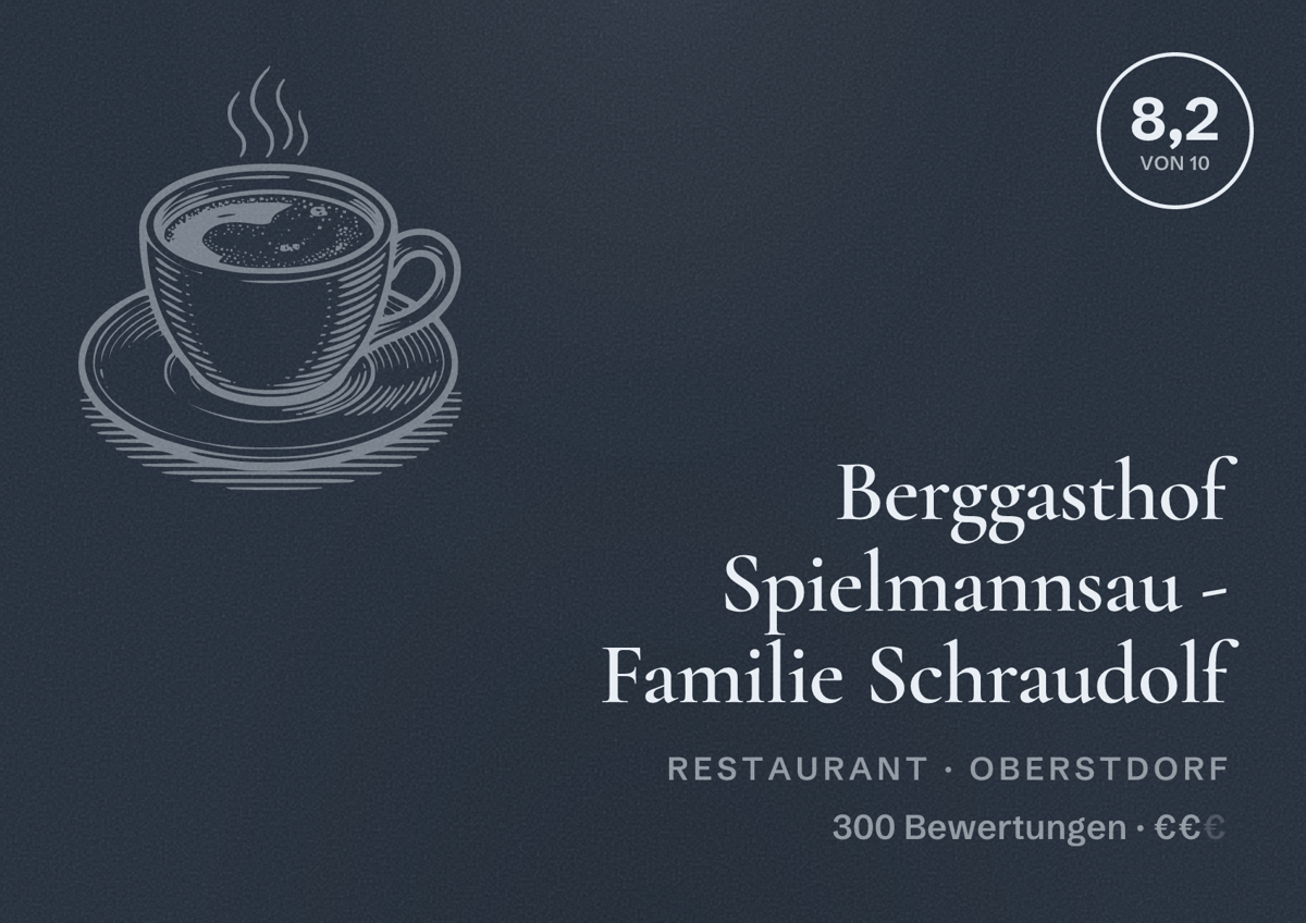 Illustriertes Poster von Berggasthof Spielmannsau - Familie Schraudolf, Restaurant in Oberstdorf: Bewertung 8,2 von 10 aus 300 Bewertungen, Preisniveau €€