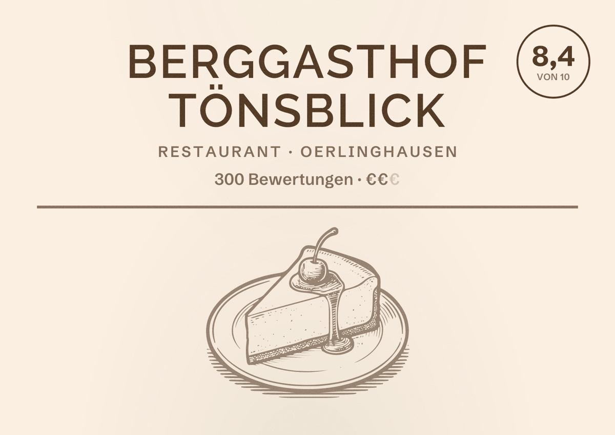 Illustriertes Poster von Berggasthof Tönsblick, Restaurant in Oerlinghausen: Bewertung 8,4 von 10 aus 300 Bewertungen, Preisniveau €€
