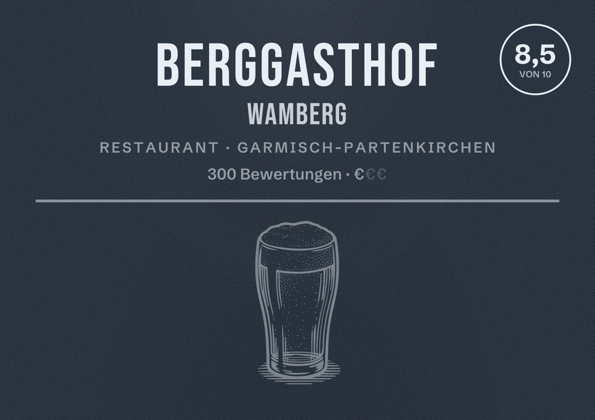 Illustriertes Poster von Berggasthof Wamberg, Restaurant in Garmisch-Partenkirchen: Bewertung 8,5 von 10 aus 300 Bewertungen, Preisniveau €