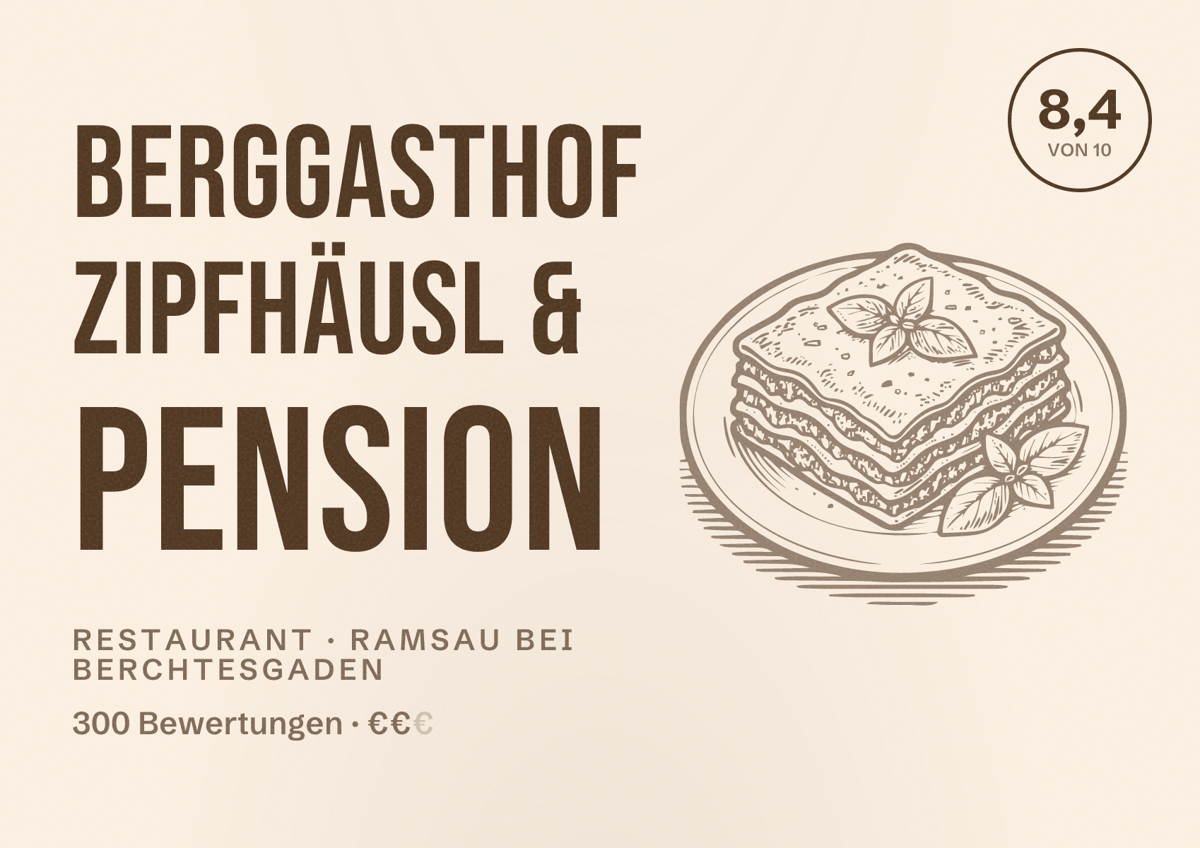 Illustriertes Poster von Berggasthof Zipfhäusl & Pension, Restaurant in Ramsau bei Berchtesgaden: Bewertung 8,4 von 10 aus 300 Bewertungen, Preisniveau €€