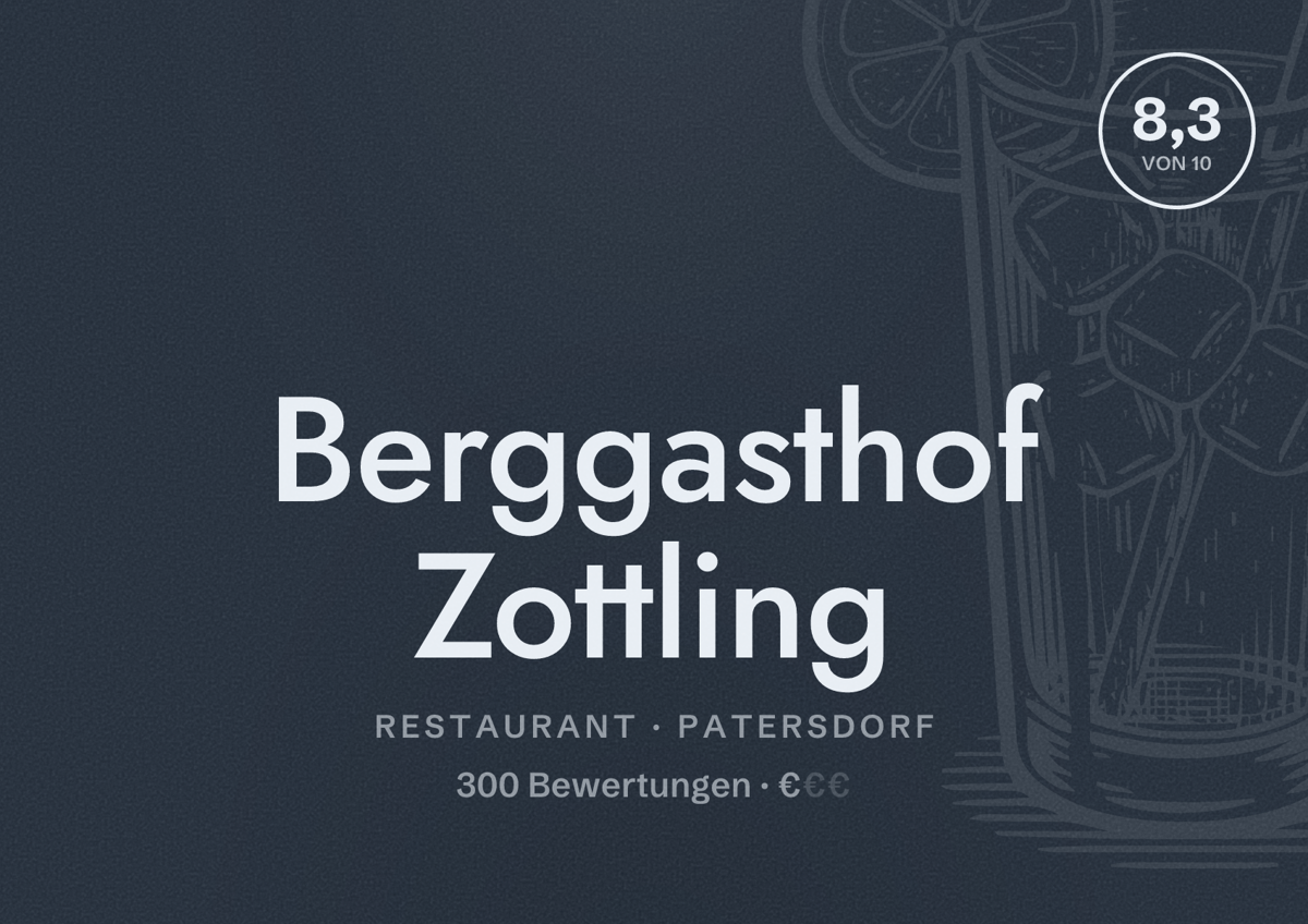 Illustriertes Poster von Berggasthof Zottling, Restaurant in Patersdorf: Bewertung 8,3 von 10 aus 300 Bewertungen, Preisniveau €