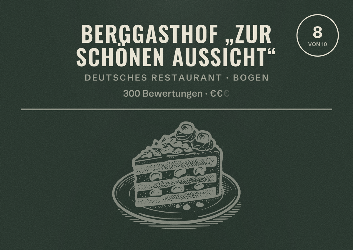 Illustriertes Poster von Berggasthof „Zur schönen Aussicht“, Deutsches Restaurant in Bogen: Bewertung 8 von 10 aus 300 Bewertungen, Preisniveau €€
