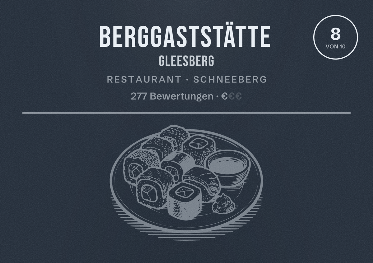 Illustriertes Poster von Berggaststätte Gleesberg, Restaurant in Schneeberg: Bewertung 8 von 10 aus 277 Bewertungen, Preisniveau €