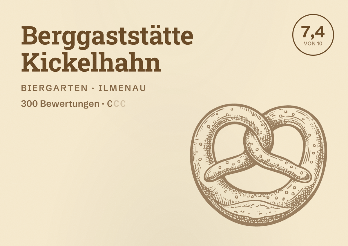Illustriertes Poster von Berggaststätte Kickelhahn, Biergarten in Ilmenau: Bewertung 7,4 von 10 aus 300 Bewertungen, Preisniveau €