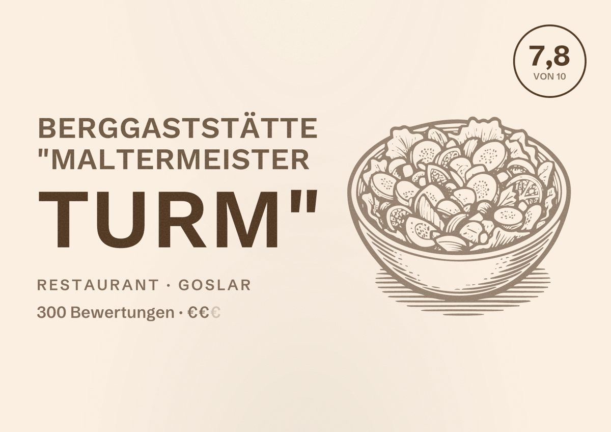Illustriertes Poster von Berggaststätte "Maltermeister Turm", Restaurant in Goslar: Bewertung 7,8 von 10 aus 300 Bewertungen, Preisniveau €€