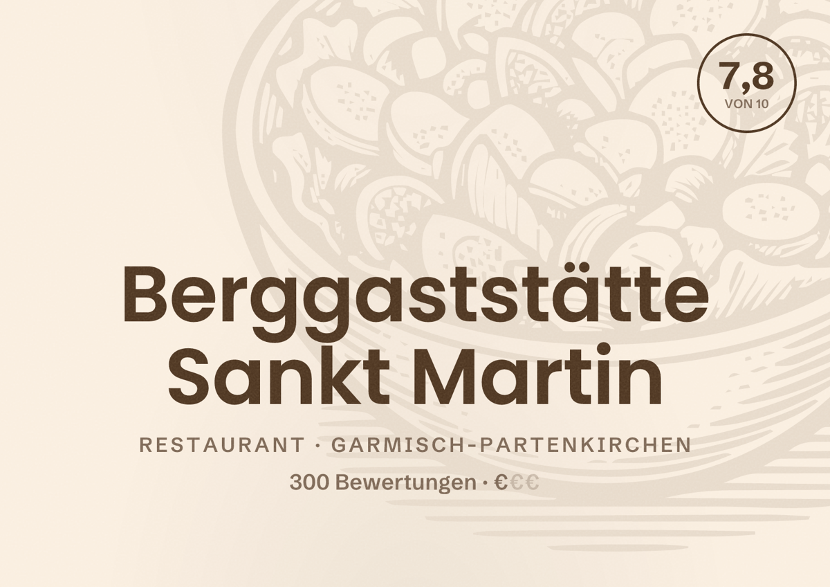 Illustriertes Poster von Berggaststätte Sankt Martin, Restaurant in Garmisch-Partenkirchen: Bewertung 7,8 von 10 aus 300 Bewertungen, Preisniveau €