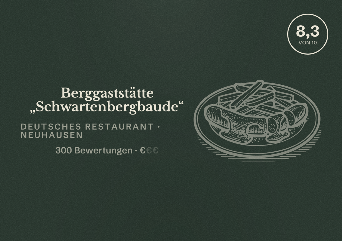 Illustriertes Poster von Berggaststätte „Schwartenbergbaude“, Deutsches Restaurant in Neuhausen: Bewertung 8,3 von 10 aus 300 Bewertungen, Preisniveau €