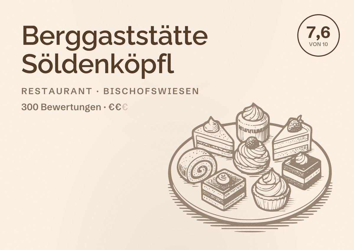 Illustriertes Poster von Berggaststätte Söldenköpfl, Restaurant in Bischofswiesen: Bewertung 7,6 von 10 aus 300 Bewertungen, Preisniveau €€