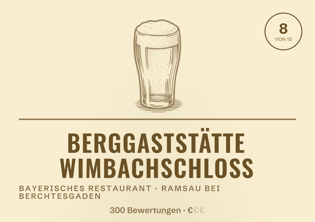 Illustriertes Poster von Berggaststätte Wimbachschloss, Bayerisches Restaurant in Ramsau bei Berchtesgaden: Bewertung 8 von 10 aus 300 Bewertungen, Preisniveau €